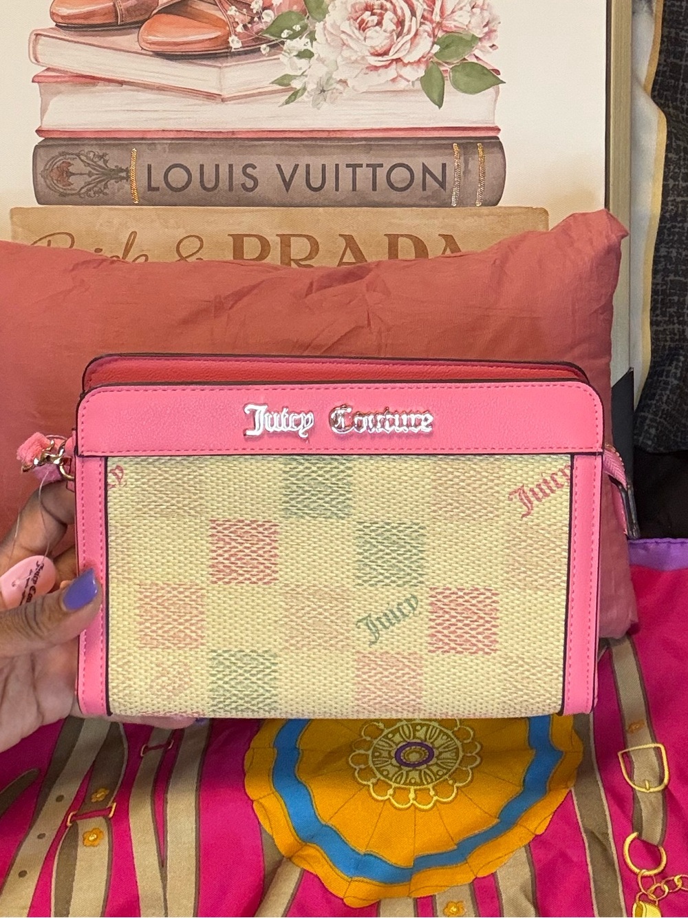 Juicy Couture Pink Trim Cream Check Clutch Bag
